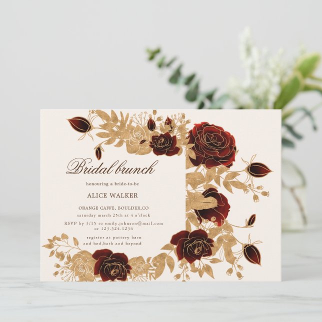 Watercolor Gold Roses Bridal Brunch Invitation (Standing Front)
