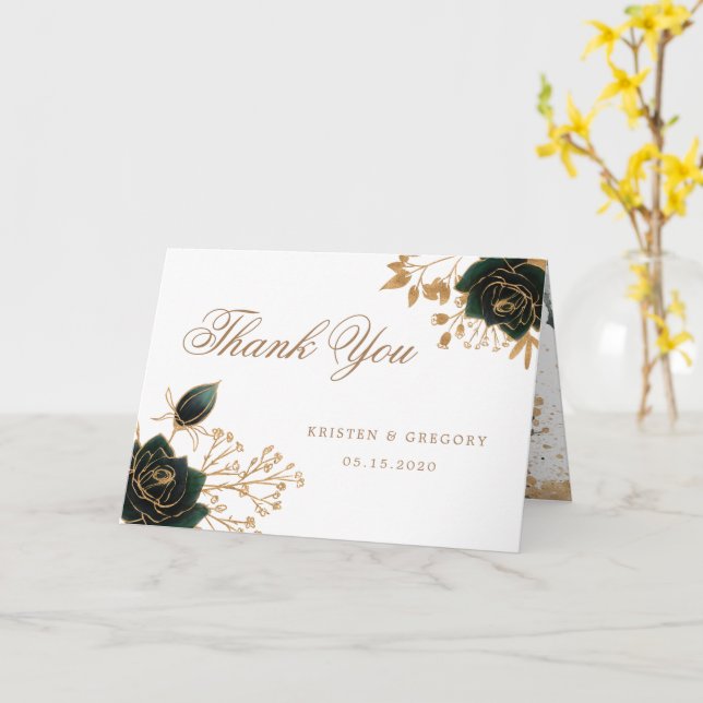 Watercolor Gold Roses Folded Photo Thank You Card (Yellow Flower)