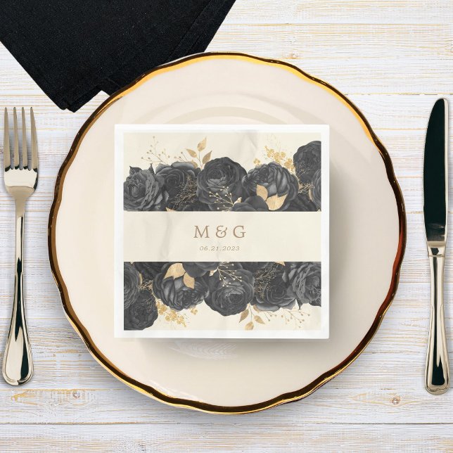 Watercolor Gold Roses Monogram Wedding Napkin (Creator Uploaded)