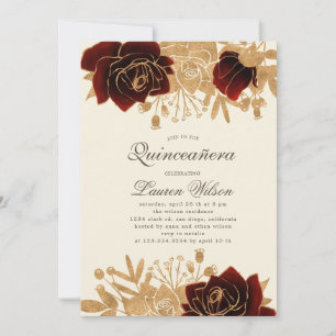 watercolor gold roses Quinceanera Qrcode Invitation