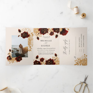 Watercolor Gold Roses Tri-Fold Wedding Invitation