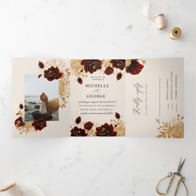 Watercolor Gold Roses Tri-Fold Wedding Invitation (Inside)