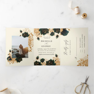 Watercolor Gold Roses Tri-Fold Wedding Invitation