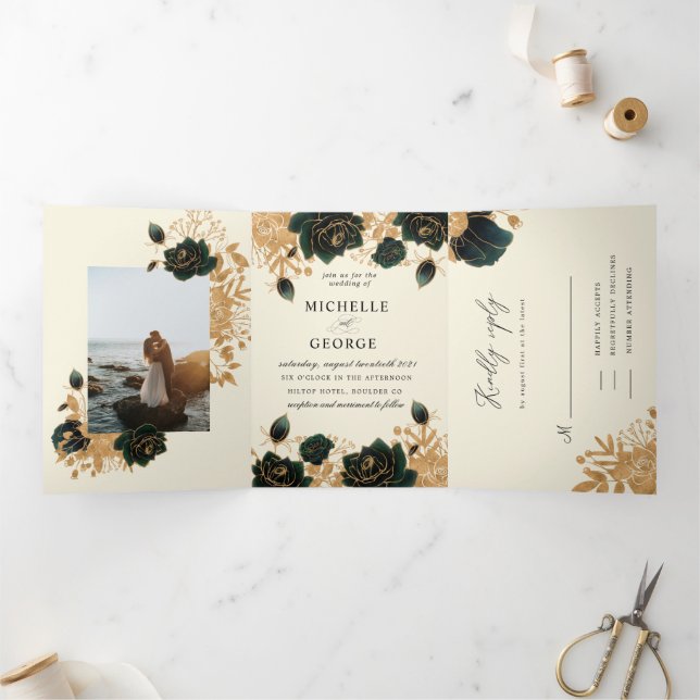 Watercolor Gold Roses Tri-Fold Wedding Invitation (Inside)