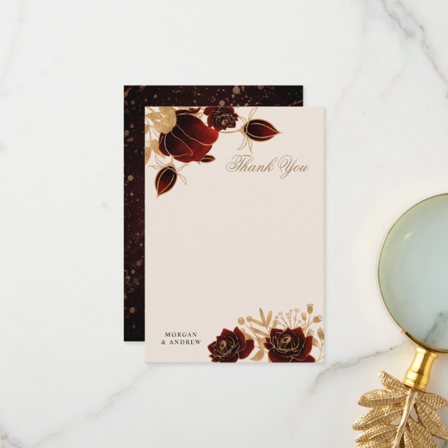 Watercolor Gold Roses Wedding Thank You Card (Front/Back In Situ)