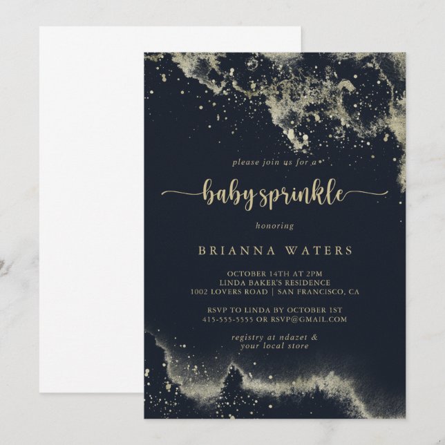 Watercolor Gold Splash Calligraphy Baby Sprinkle   Invitation (Front/Back)