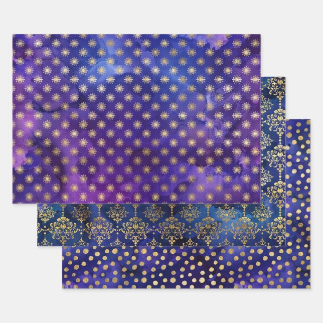 Watercolor Gold Starry & Damask Patterns Wrapping Paper Sheet (Set)