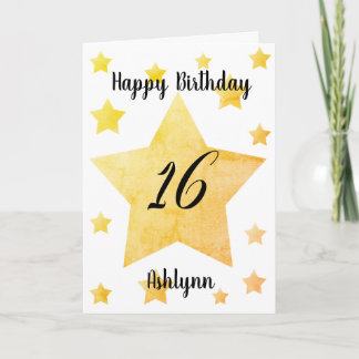 Watercolor Gold Stars 16th Birthday Card