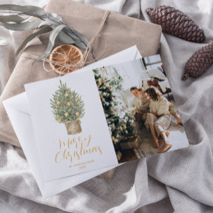 Watercolor Gold Tree Photo Merry Christmas     Holiday Card
