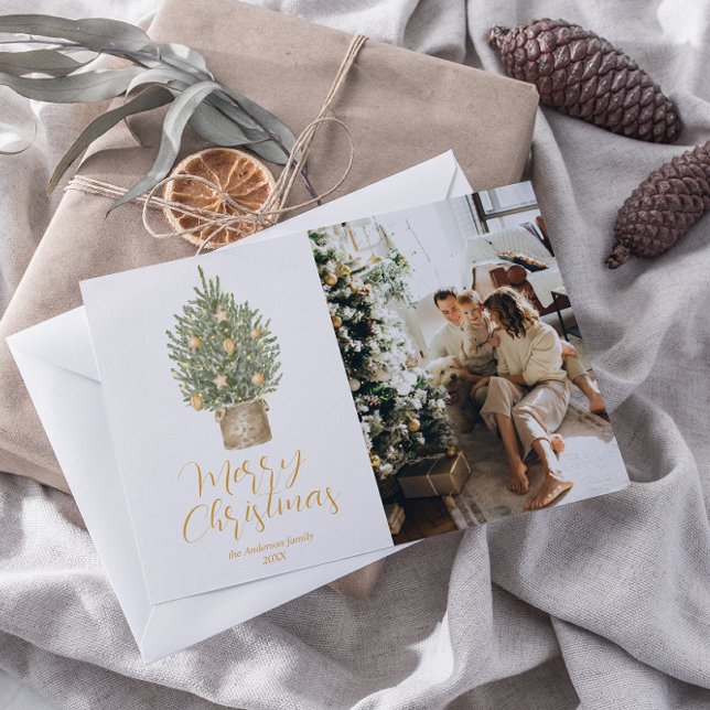 Watercolor Gold Tree Photo Merry Christmas     Holiday Card (Creator Uploaded)