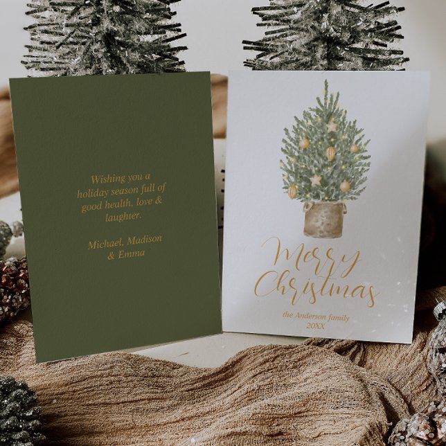 Watercolor Gold Whimsical Tree Merry Christmas Holiday Card (Creator Uploaded)