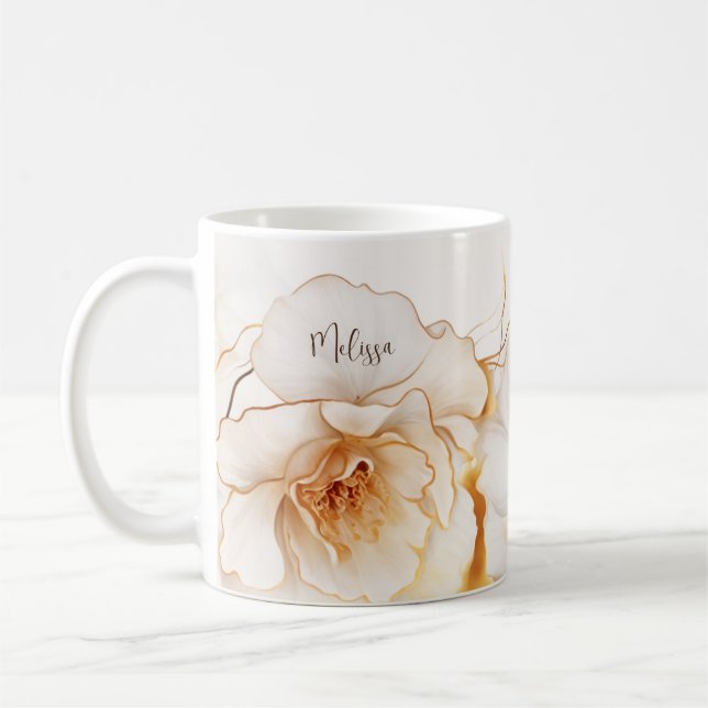 Watercolor Gold White Flowers Coffee Mug (Left)