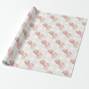 Watercolor Golden Doodle Dog Flowers Gingham Sweet Wrapping Paper