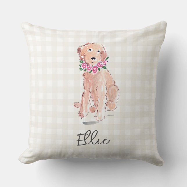 Watercolor Golden Doodle Dog Flowers NAME Cushion (Front)