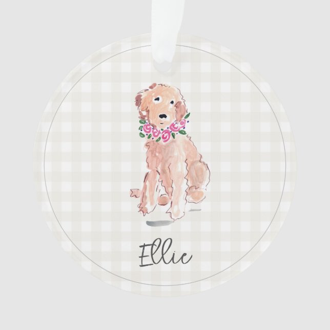 Watercolor Golden Doodle Dog Flowers NAME Ornament (Front)