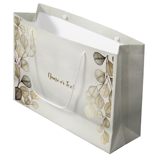 Watercolor Golden Eucalyptus Foliage Shiny Elegant Large Gift Bag (Front Angled)