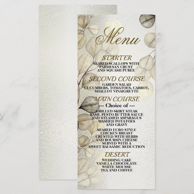 Watercolor Golden Eucalyptus Foliage Shiny Elegant Menu (Front/Back)