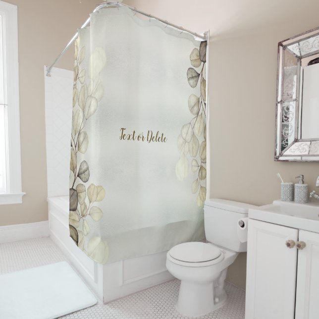 Watercolor Golden Eucalyptus Foliage Shiny Elegant Shower Curtain (In Situ)