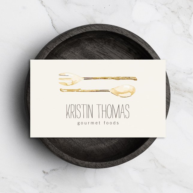 Watercolor Golden Fork and Spoon Catering Business Card (Creator Uploaded)