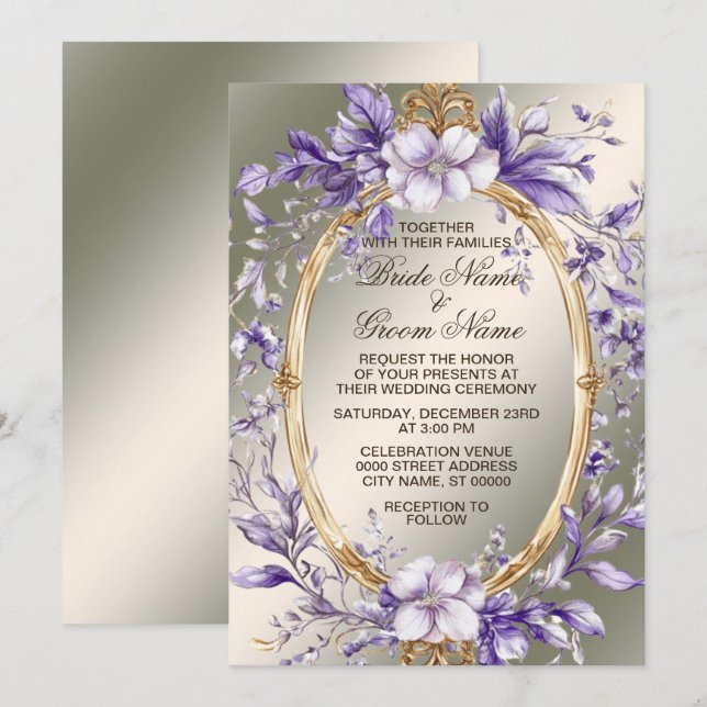 Watercolor Golden Frame Purple Flowers Wedding Invitation (Front/Back)