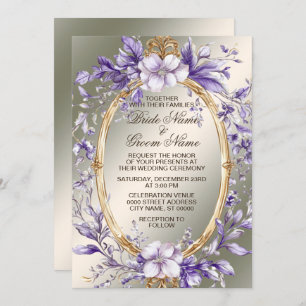 Watercolor Golden Frame Purple Flowers Wedding Invitation