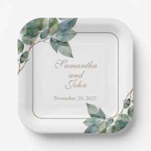 Watercolor golden greens elegant foliage script paper plate