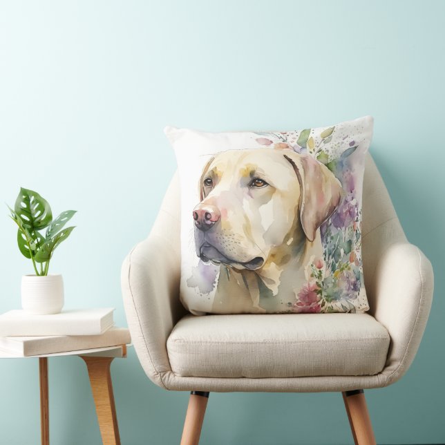 Watercolor Golden Labrador Retriever and Flowers Cushion (Chair)