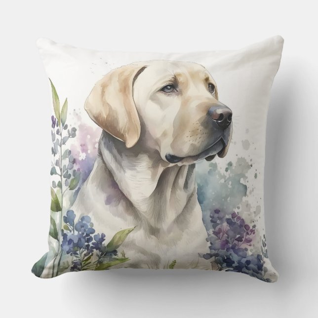 Watercolor Golden Labrador Retriever and Flowers Cushion (Front)