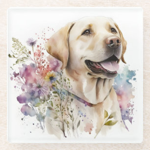 Watercolor Golden Labrador Retriever and Flowers Glass Coaster