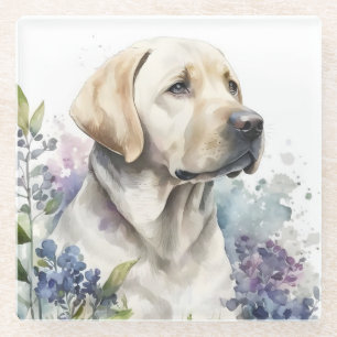 Watercolor Golden Labrador Retriever and Flowers Glass Coaster