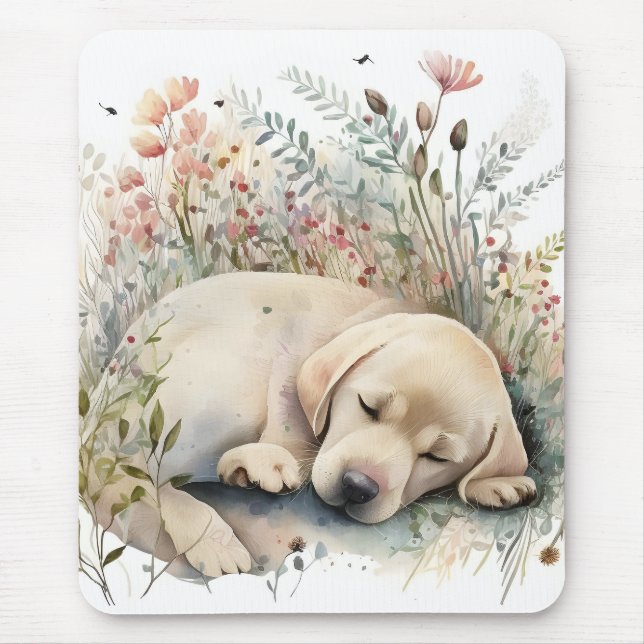 Watercolor Golden Labrador Retriever and Flowers Mouse Mat (Front)