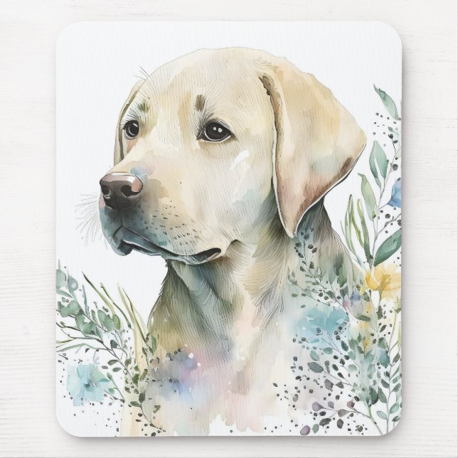 Watercolor Golden Labrador Retriever and Flowers Mouse Mat (Front)