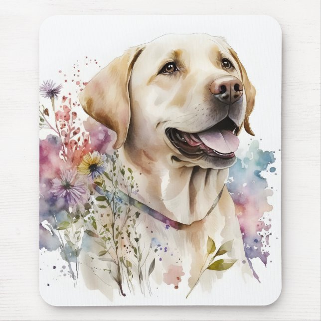 Watercolor Golden Labrador Retriever and Flowers Mouse Mat (Front)