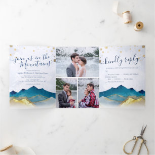 Watercolor Golden Mountains Photo Collage Wedding Tri-Fold Invitation