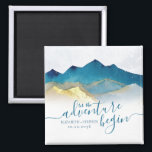 Watercolor Golden Mountains Wedding Save The Date Magnet<br><div class="desc">Let The Adventure Begin! Modern Vintage Elegant Wedding Save The Date Magnet Template - Blue Green and Faux Gold Foil Watercolor Mountains Landscapes Scenery. These Designs Can Be Personalised For Your Special Occasion And Would Be Perfect For Your Wedding, Bridal Shower, Engagement Party, Birthday Party And Many More Special Occasions....</div>