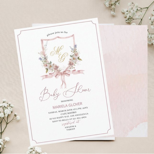Watercolor  Golden Pink flowers crests  baby Showe Invitation (Creator Uploaded)