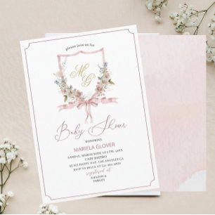 Watercolor  Golden Pink flowers crests  baby Showe Invitation