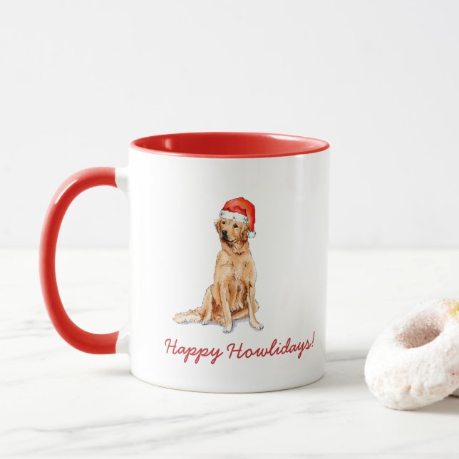  Watercolor Golden Retreiver in Santa hat Holiday  Mug (With Donut)