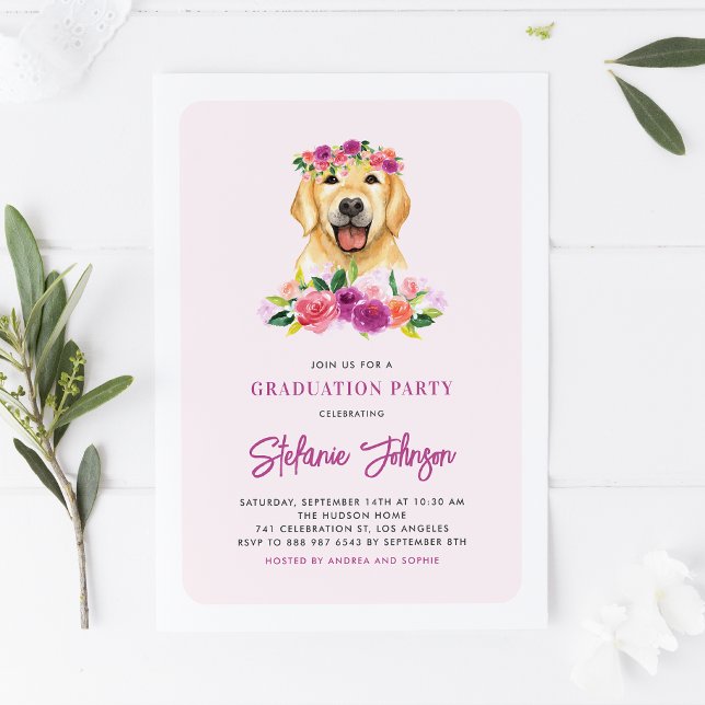 Watercolor Golden Retriever Floral Graduation Invitation (Creator Uploaded)