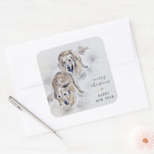 Watercolor Golden Retriever Merry Christmas Gift Square Sticker