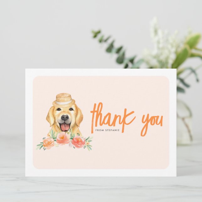 Watercolor Golden Retriever Peach Flowers Birthday Thank You Card (Standing Front)
