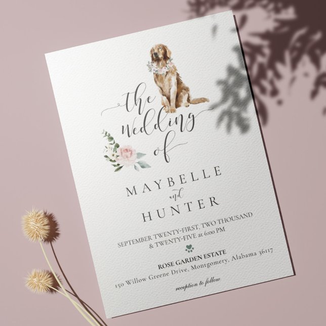 Watercolor Golden Retriever Pet & Floral Pink Rose Invitation (Creator Uploaded)