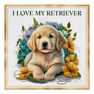Watercolor Golden Retriever Puppy with Gold Frame Poster