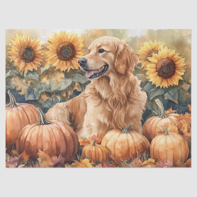 Watercolor Golden Retriever Sunflowers Decoupage Tissue Paper (Front)
