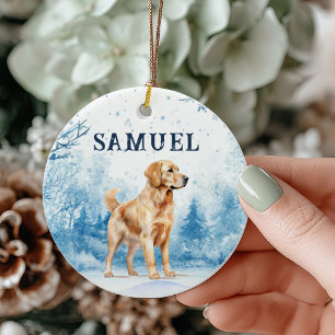 Watercolor Golden Retriever Winter Scene Christmas Ceramic Tree Decoration