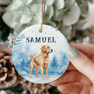 Watercolor Golden Retriever Winter Scene Christmas Ceramic Tree Decoration