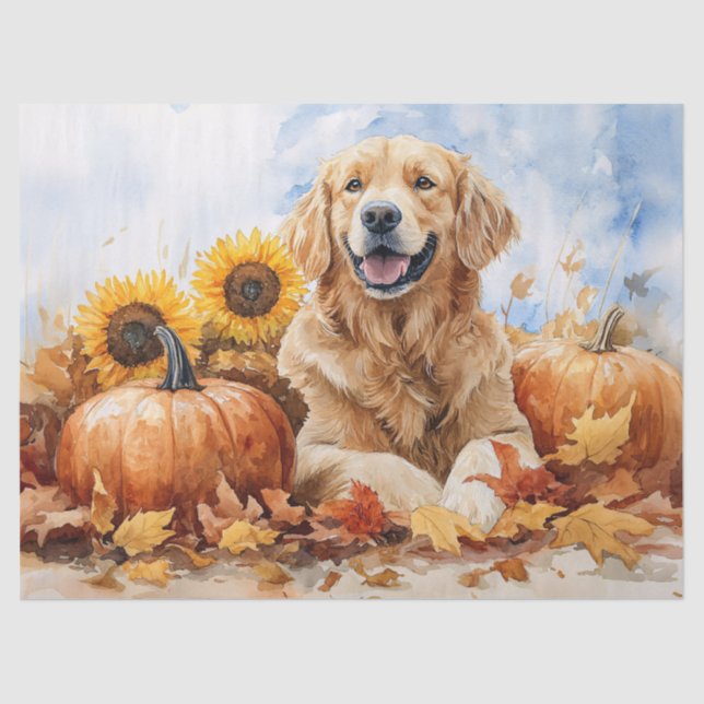 Watercolor Golden Retriever with Pumpkin Decoupage Tissue Paper (Front)