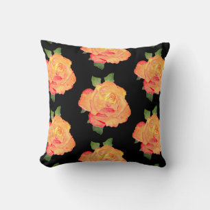 Watercolor Golden Roses on Black Cushion