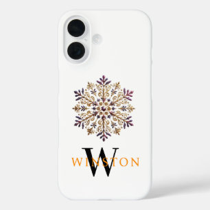 Watercolor Golden Snowflake Magic Monogram White iPhone 16 Case