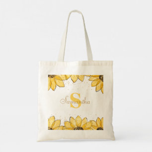 Watercolor Golden Sunflowers Floral Monogram Name Tote Bag
